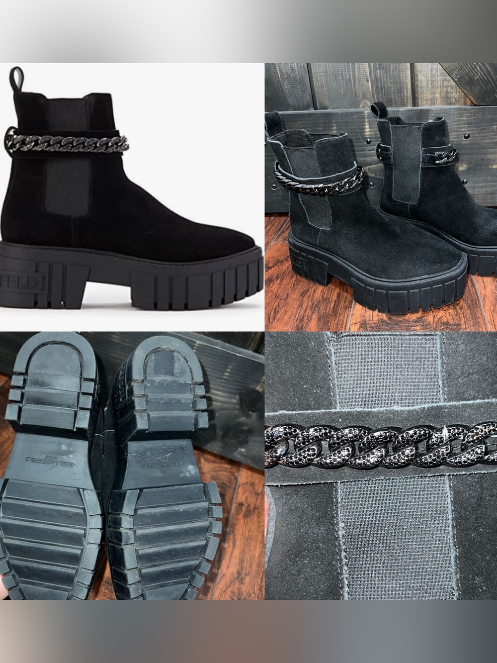 Karl Lagerfeld Black Reign Suede Chelsea Boots 5.5 Lug Sole Pull On Chain Chunky